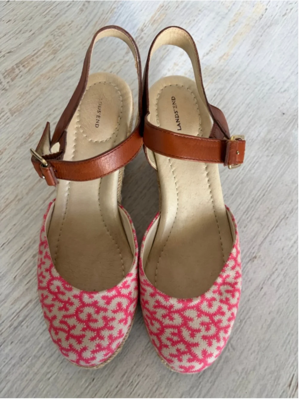 Women's Lands' End Pink Beige Patterned Espadrille Wedges 7.5